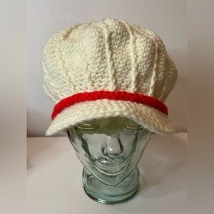 Beautiful Crochet Cream Knit Cap Beret With A Red Accent Braid Across the Front